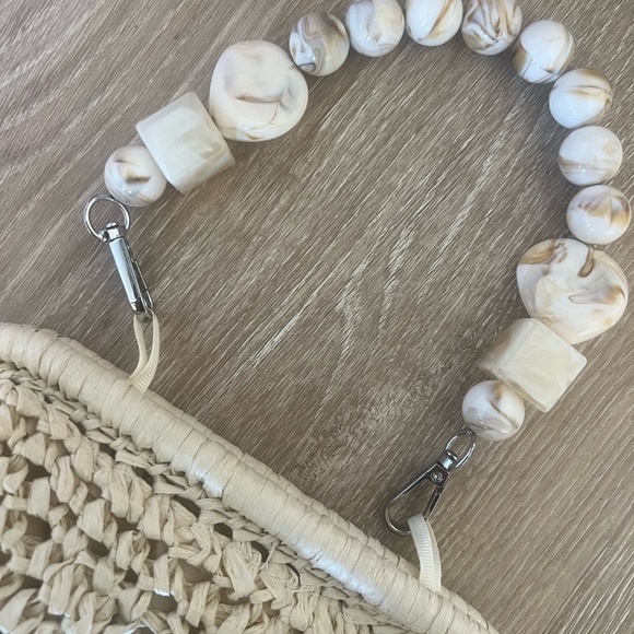 Beige Woven Handbag with Beaded Handle - Picture 2 of 4